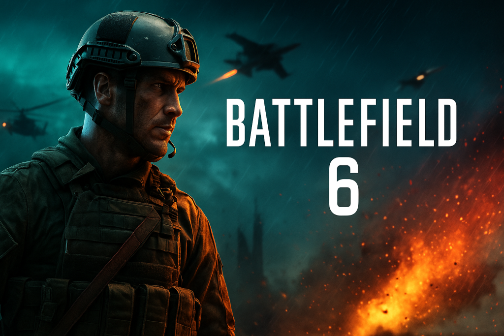 Cover eines Videospiels mit einem Soldaten in Kampfanzug und Helm im Vordergrund. Im Hintergrund sind ein brennender Himmel und fliegende Militärflugzeuge zu sehen. Der Text 'Battlefield 6' ist prominent dargestellt.