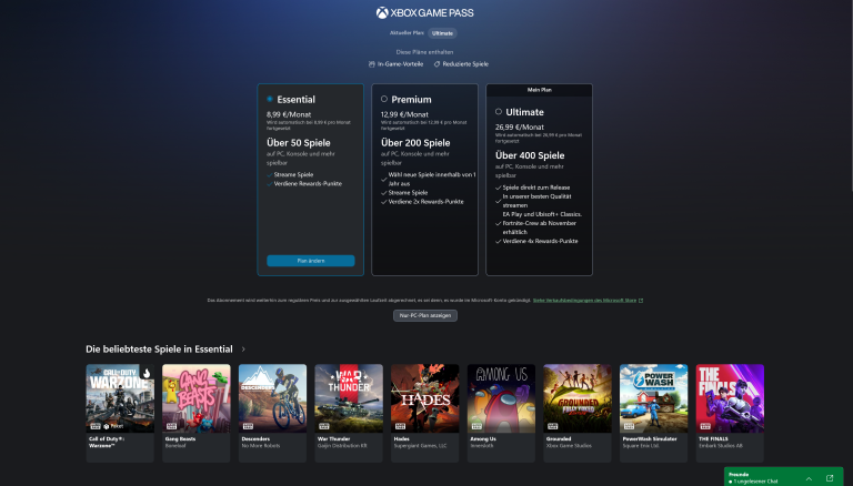 Ein Screenshot der Xbox Game Pass Seite, die verschiedene Abonnementpläne präsentiert: Essential, Premium und Ultimate. Darunter sind beliebte Spiele im Essential-Paket, darunter Call of Duty: Warzone, Gang Beasts und andere.