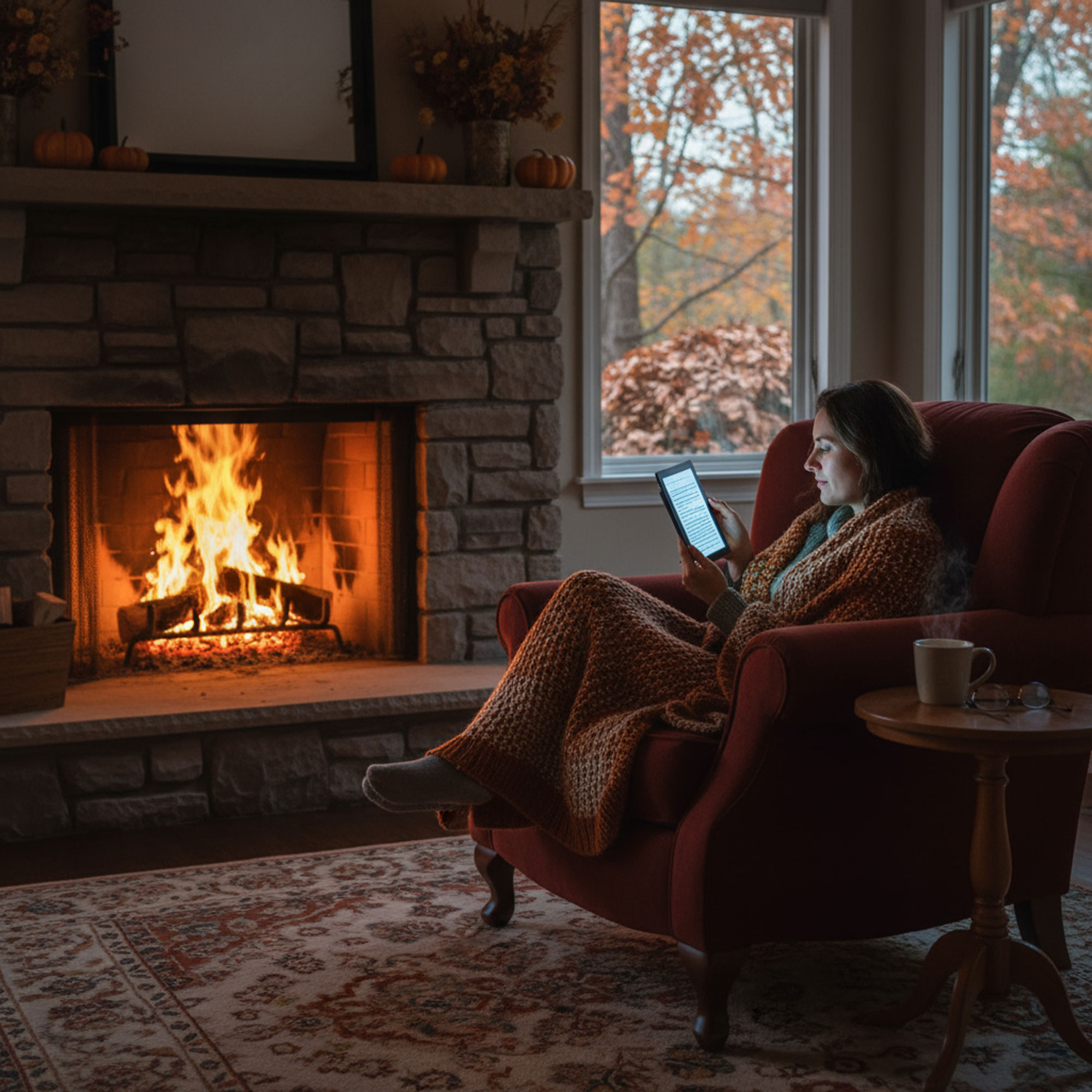 Frau ließt am Kamin auf Ihrem Kindle Paperwhite mit einem Kindle Unlimited Abo
