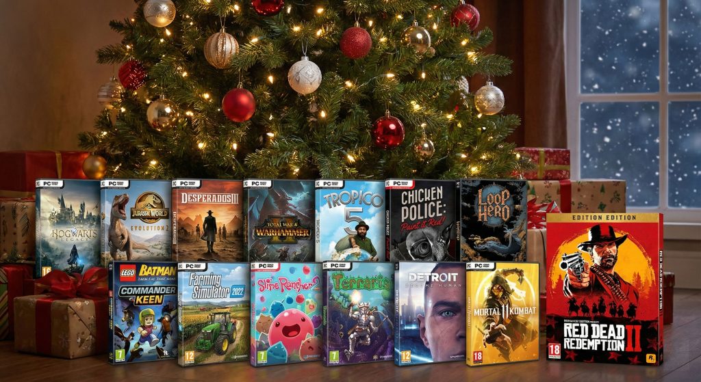 Eine Auswahl an PC-Spielen vor einem festlich geschmückten Weihnachtsbaum mit Lichtern und roten sowie goldenen Kugeln. Schnee fällt draußen durch das Fenster sichtbar.