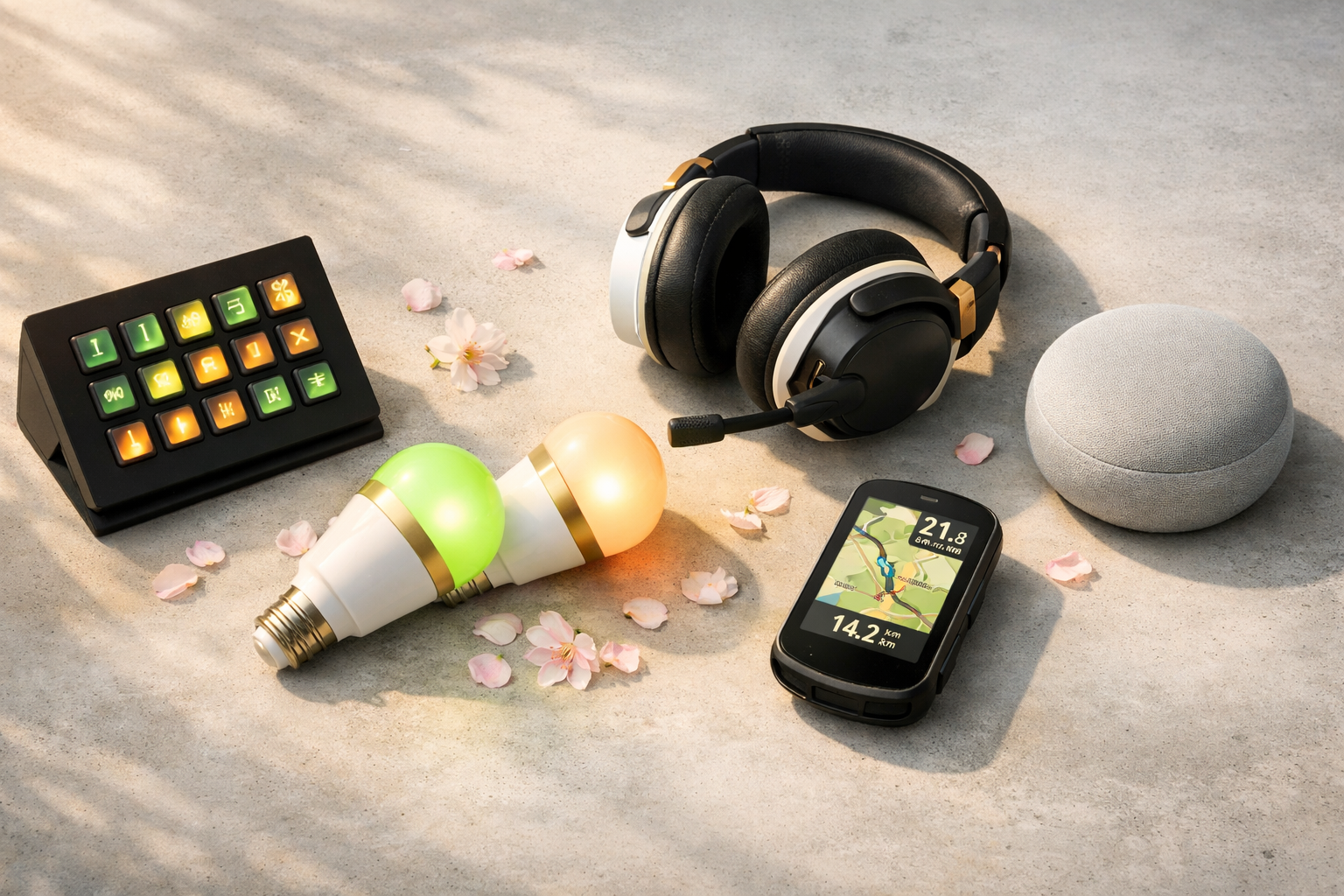 Verschiedene Technik-Gadgets auf einem Tisch: ein schwarz-goldenes Headset mit Mikrofon, zwei smarte Glühbirnen, ein grauer runder Smartspeaker, ein Navigationsgerät mit Kartendarstellung und ein Tastenfeld mit bunten Symbolen. Umgeben von Kirschblütenblättern.